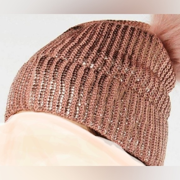 INC International Concepts Liquid Shine Knit Pom Pom Beanie Blush - OS - Picture 3 of 5